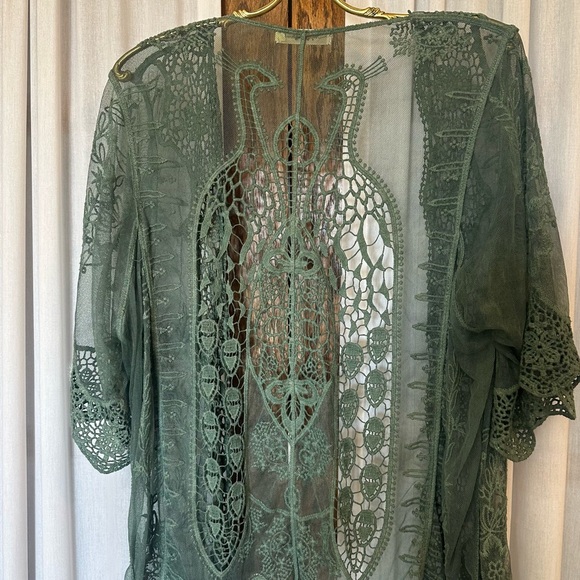Simply Couture Sage Green Tab Sleeve Knit Lace Peacock Open Cardigan - Picture 6 of 10